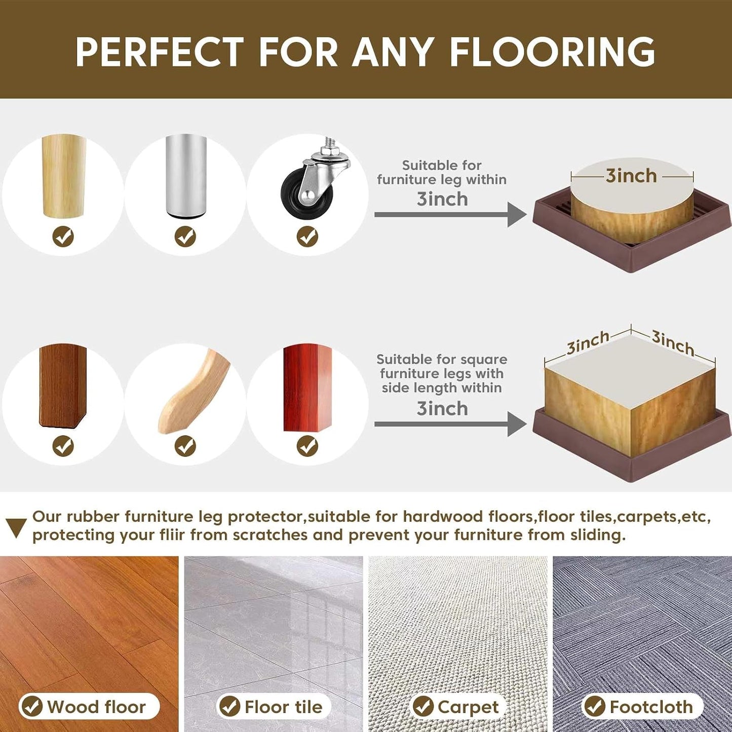 Furniture Pads 3x3 Non Slip Rubber Furniture Caster Cup for Hardwood Floors