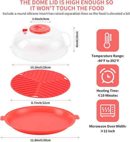 Microwave Splatter Cover Lid for Food 10.2 Inch with Water Steamer, Clear Microwave Splash Guard Cooker Lid with Plate, Dish Bowl Plate Serving Cover Cookware High Transparent Plastic Black