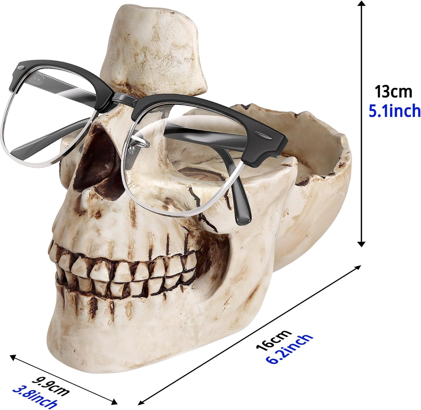 READAEER Skull Glasses Stand Holder, Creative Eyeglasses Holder, Sunglasses Spectacle Display Rack, Key Holder Resin Sculptures for Entryway, Home, Office, Desk, Nightstand (White)
