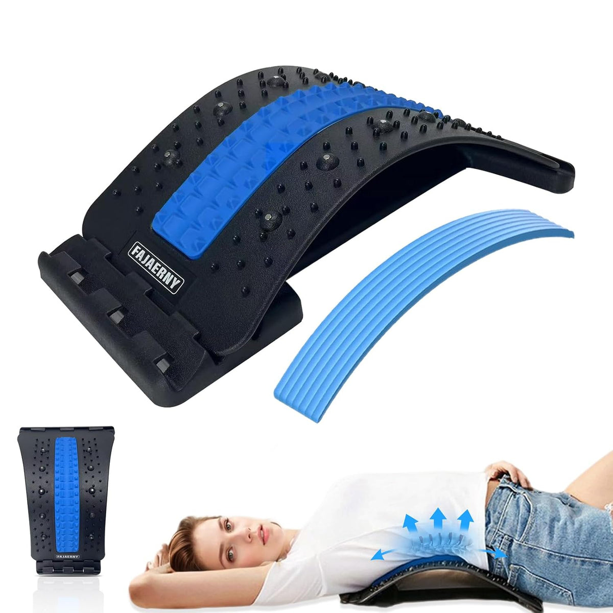 Back Stretcher, 3-Level Adjustable Lumbar Support with 84 Massage Points and 10 Magnetic Nodes, Back Cracker for Posture Care and Muscle Relaxation, NBR Pad & Silicone Pad (Blue)