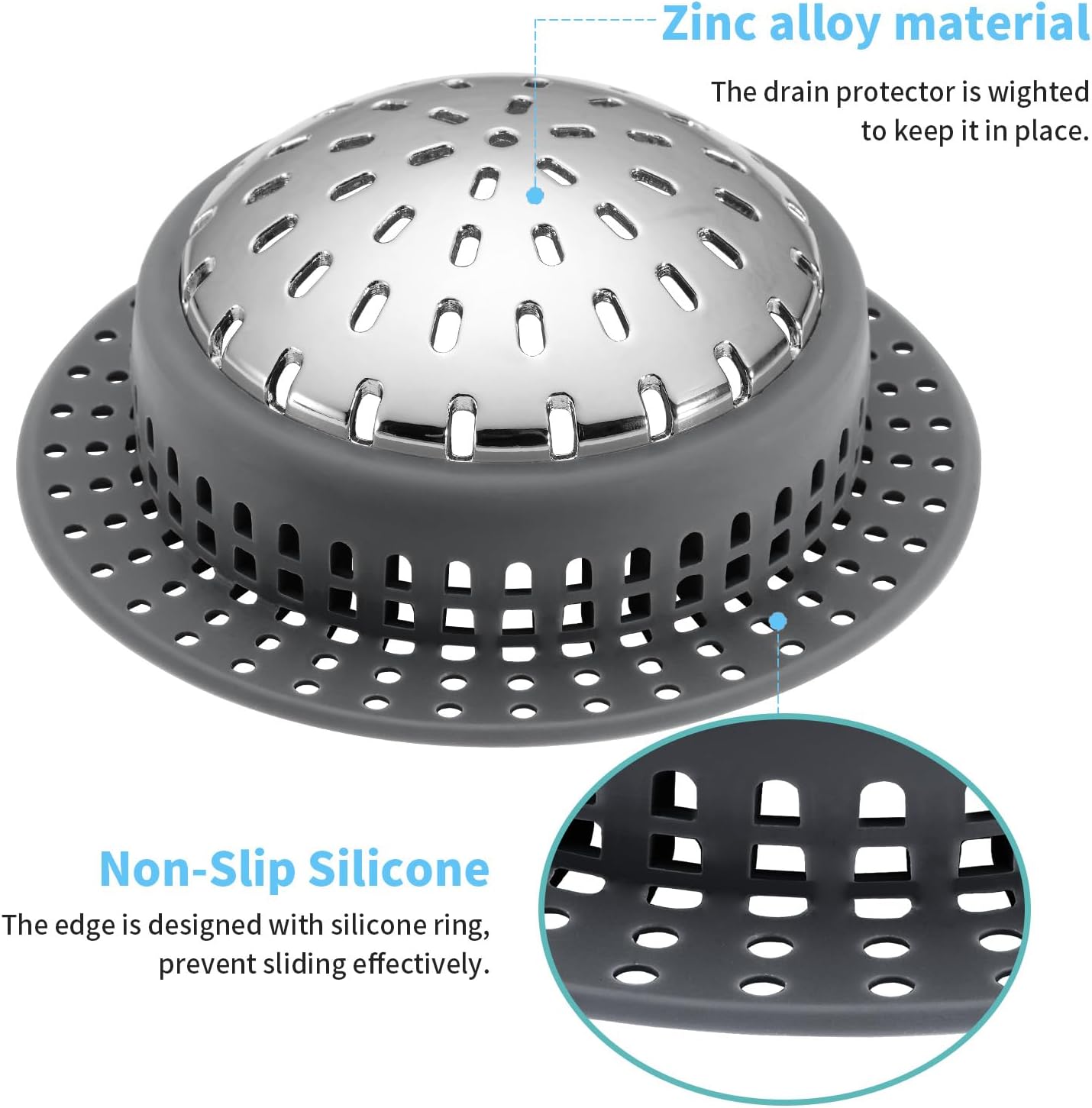 Aluvor Bathtub Drain Hair Catcher Shower Drain Cover Sink Drain Protector | Bathroom Sink & Bathtub Drain Strainer for Pop-Up & Regular Drains, grey