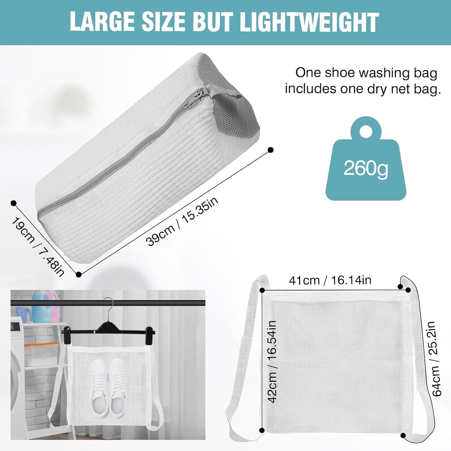 Shoe Washing Machine Bag, Shoe Laundry Bag for Washer and Dryer | 2 Pack Shoe Cleaning Bag for Sneakers & Tennis Shoes, XXL Size, Shoe Protection, Dry Bags, Zipper Hook, Travel & Dorm Storage