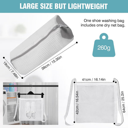 Shoe Washing Machine Bag, Shoe Laundry Bag for Washer and Dryer | 2 Pack Shoe Cleaning Bag for Sneakers & Tennis Shoes, XXL Size, Shoe Protection, Dry Bags, Zipper Hook, Travel & Dorm Storage