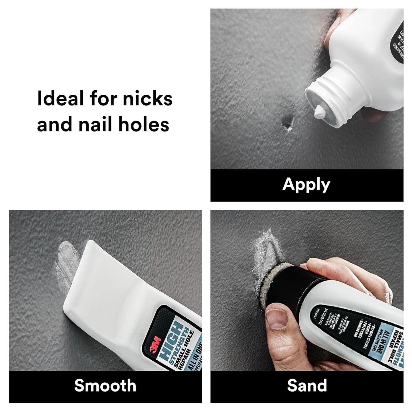 3M High Strength Small Hole Repair, All-in-One Applicator Tool | Quick and Easy Repair for Nicks and Nail Holes, Includes Putty Knife, Spackle, and Sanding Pad For Wall Repairs