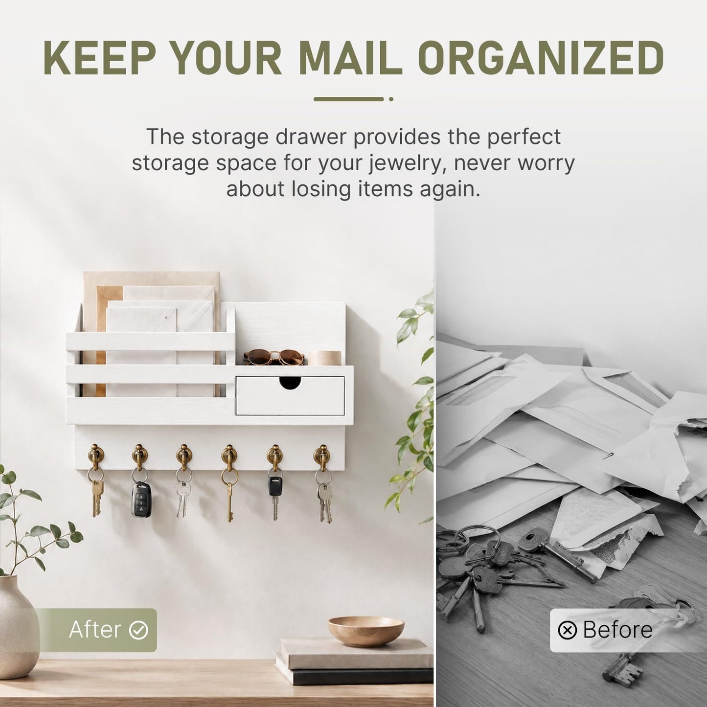 FifthQuarter Key and Mail Holder Wall Mount with Drawer and 6 Sturdy Hooks | Cute Rustic Farmhouse Wooden Key Hanger, Reliable Entryway Organizer for Keys and Daily Essential, Easy Installation, A-White