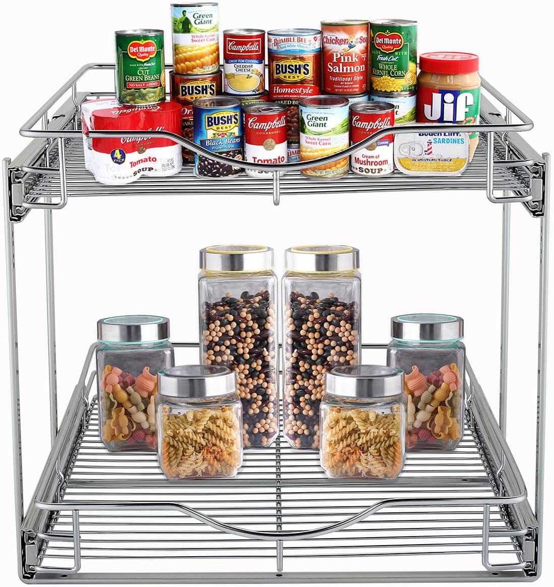 DINDON 2 Tier Pull Out Cabinet Organizer (20" W X 21" D), Double Tier Wire Basket Slide Out Shelf Storage for Kitchen Base Cabinet Organization for Kitchen, Pantry, Bathroom, Chrome