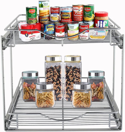 DINDON 2 Tier Pull Out Cabinet Organizer (20" W X 21" D), Double Tier Wire Basket Slide Out Shelf Storage for Kitchen Base Cabinet Organization for Kitchen, Pantry, Bathroom, Chrome