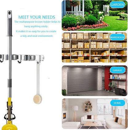 Broom and Mop Holder Wall Mounted, Broom Hanger Storage Rack, Stainless Steel Mop Hanger, Dustpan Holders with 2 Racks and 3 Hooks, Heavy Duty utility hooks for hanging brooms and mops