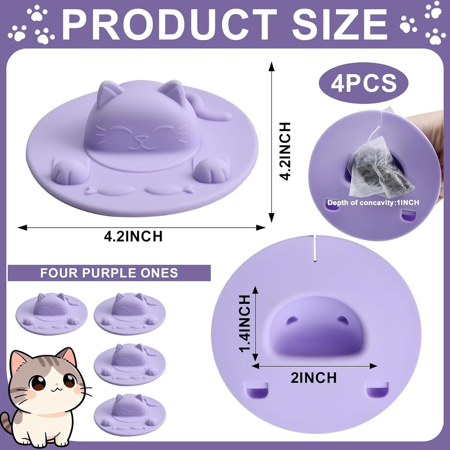 Enenes 4 Pack Silicone Tea Bag Holder and Squeezer, 4 Inch Cat-Shaped Cup Lid Cover for Tea Bags, Reusable Dishwasher Safe Mug Cover for Tea Cups and Coffee Mugs