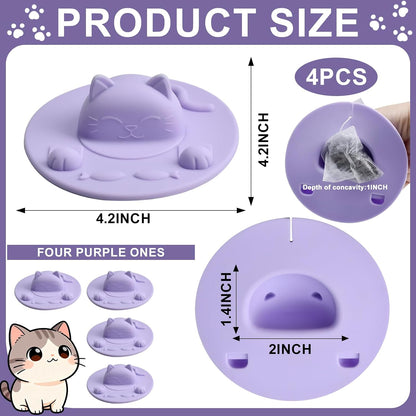 Enenes 4 Pack Silicone Tea Bag Holder and Squeezer, 4 Inch Cat-Shaped Cup Lid Cover for Tea Bags, Reusable Dishwasher Safe Mug Cover for Tea Cups and Coffee Mugs