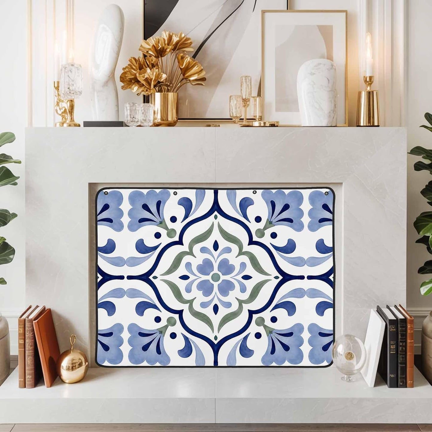 Magnetic Fireplace Cover Bird Branches Fireplace Screen Decorative Green Leaves Frame Insulation Fireplace Blocker Blanket Save Energy Fireplace Draft Stopper Covers for Living Room 45x34 Inch
