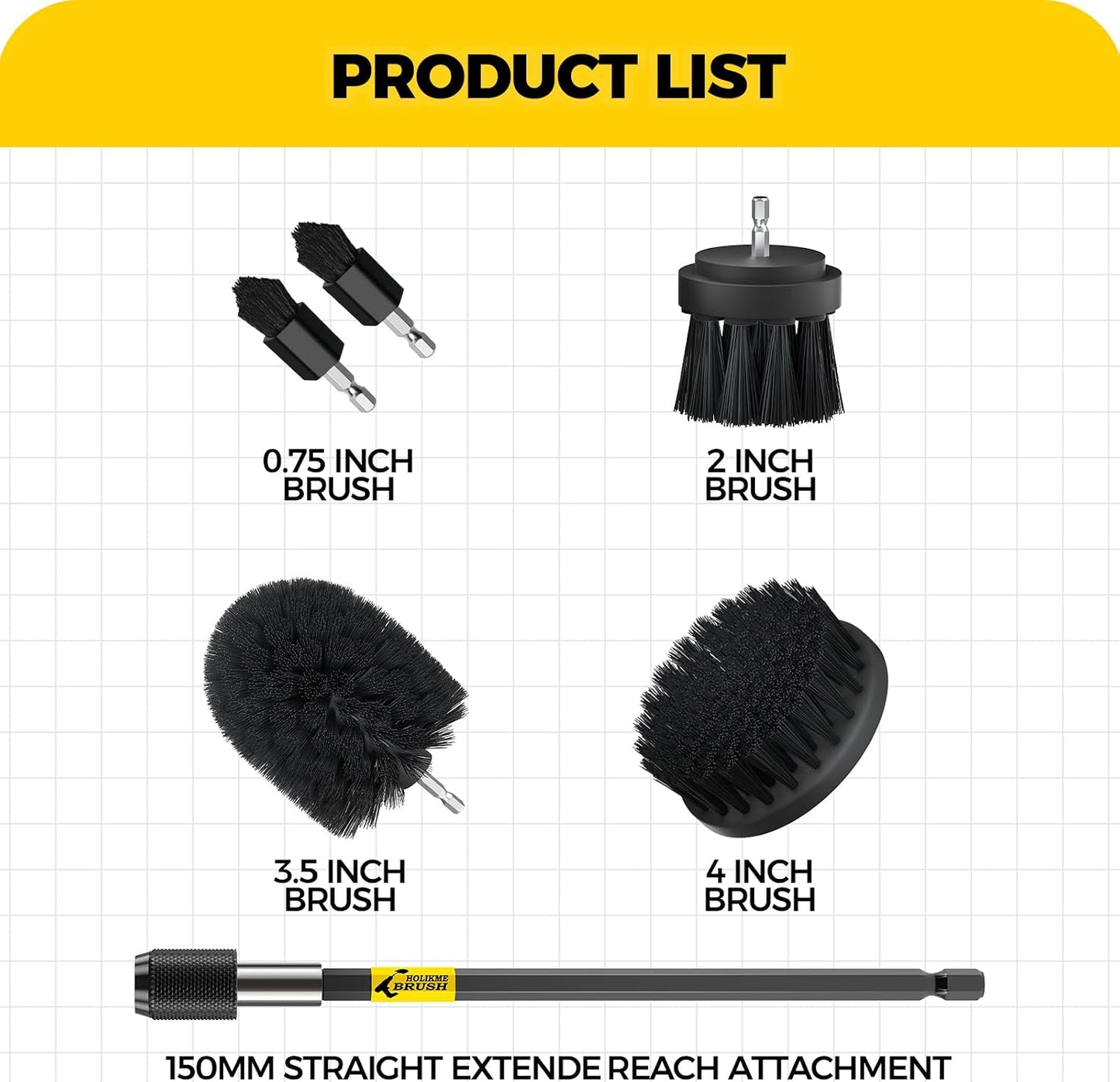 Holikme 6Pc Drill Brush Set - Soft Bristles with Extension for Home Clean | 5 Head Sizes, Yellow Nylon Fibers, Power Scrubber Attachments for Tile, Tub, Shower, Floors, Kitchen and Auto Interior Care