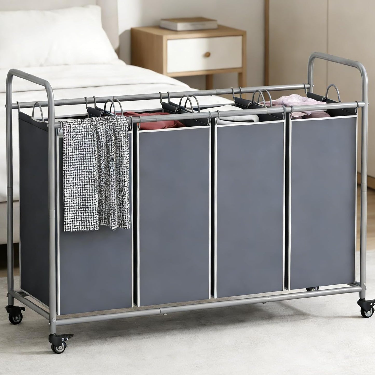 LINZINAR 3 Section Laundry Hamper, Black Laundry Basket 135L Laundry Sorter | Laundry Room Organization with Heavy Duty Rolling Lockable Wheels and Removable Bag, Bedroom Laundry Cart for Clothes Storage