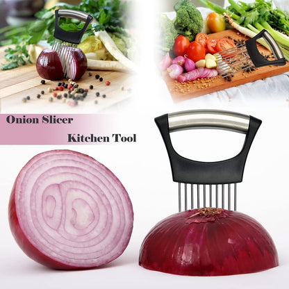 Onion Holder for Slicing - Multi-Purpose Kitchen Tool for Safe and Efficient Slicing of Onions, Tomatoes, Potatoes, Apples, and More | Stainless Steel Vegetable Cutter & Meat Tenderizer 2 PCS