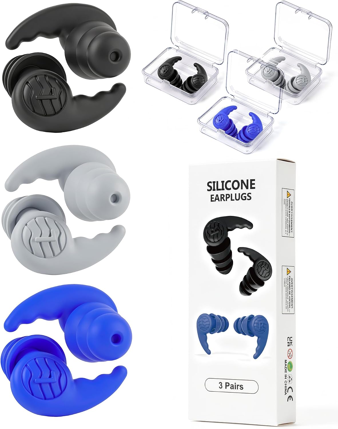 Swimming Ear Plugs, Swim Earplugs 3 Pairs for Swimmer Surfing Water Sports | Waterproof Protection, Soft Silicone Comfort, Wave-Shaped Fin, Noise-Reducing Design for Teens & Adults