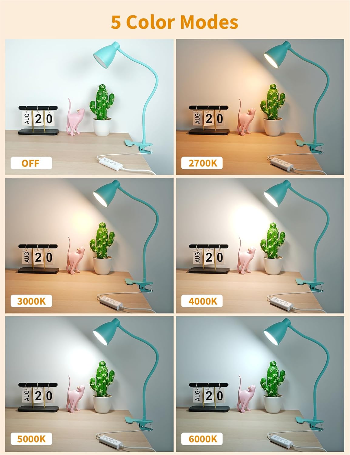 BOHON Desk Lamp 5 Color Modes 10 Brightness Dimmer Reading Light Black | 10W 38 LED Clamp Lamp with Auto Off Timer 360° Flexible Neck Clip on Light for Bed Bedside, AC Adapter Include