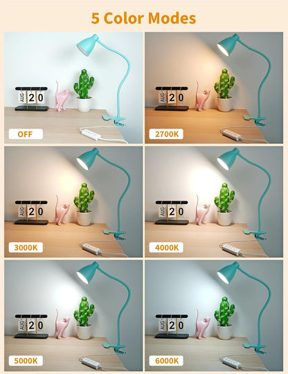 BOHON Desk Lamp 5 Color Modes 10 Brightness Dimmer Reading Light Black | 10W 38 LED Clamp Lamp with Auto Off Timer 360° Flexible Neck Clip on Light for Bed Bedside, AC Adapter Include
