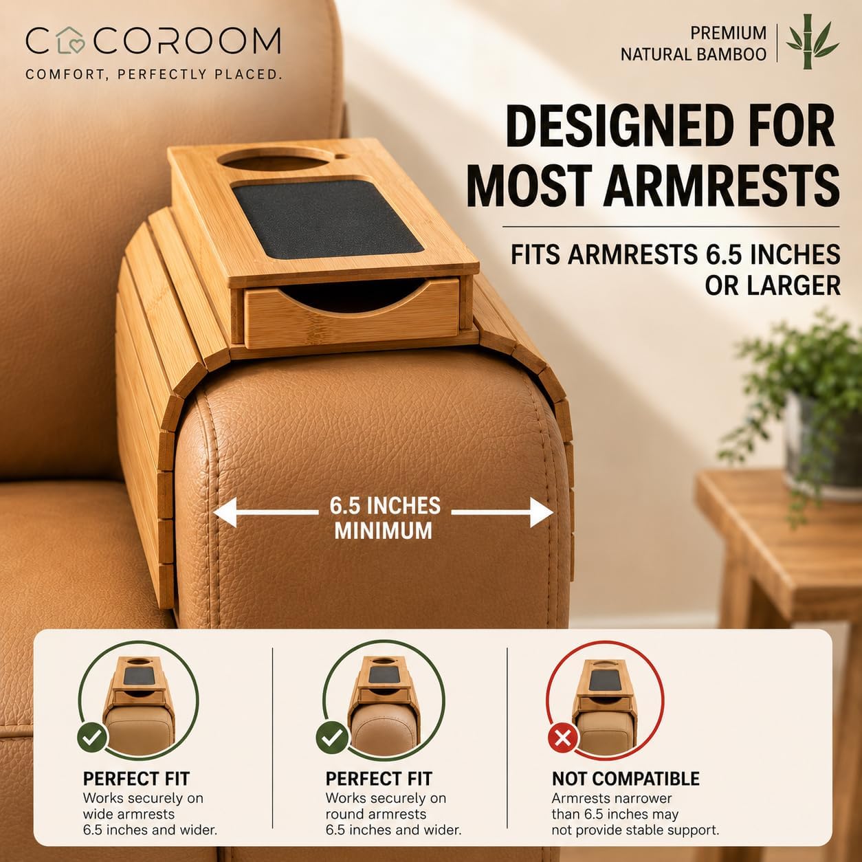Sofa Arm Tray with Drawer, Bamboo Couch Armrest Table, Natural | Anti-slip phone pad | Wood finish | Hidden storage for remote, glasses, snacks | Fits armchair, recliner, chair, arm rests