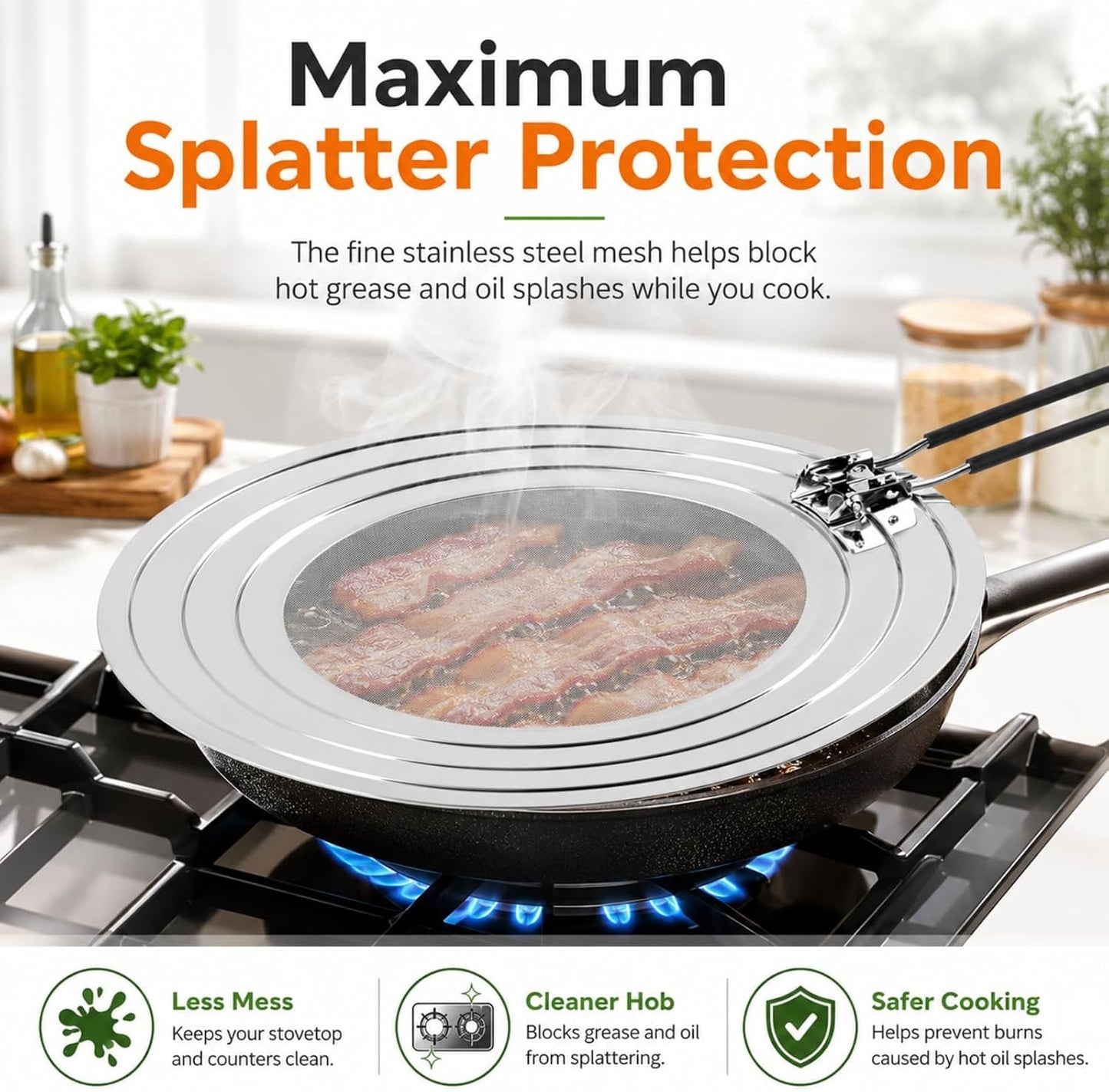 Splatter Screen for Frying Pan, Grease Splatter Guard for 9/10/11 Inch Pans | Shields Stove Top from Oil Splash, Dishwasher-Safe Splatter Screen with Foldable Heat-Resistant Silicone Handle