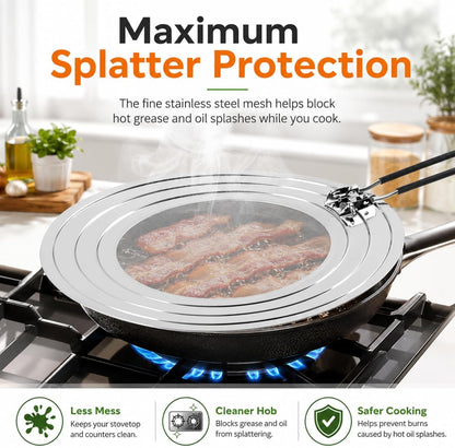 Splatter Screen for Frying Pan, Grease Splatter Guard for 9/10/11 Inch Pans | Shields Stove Top from Oil Splash, Dishwasher-Safe Splatter Screen with Foldable Heat-Resistant Silicone Handle