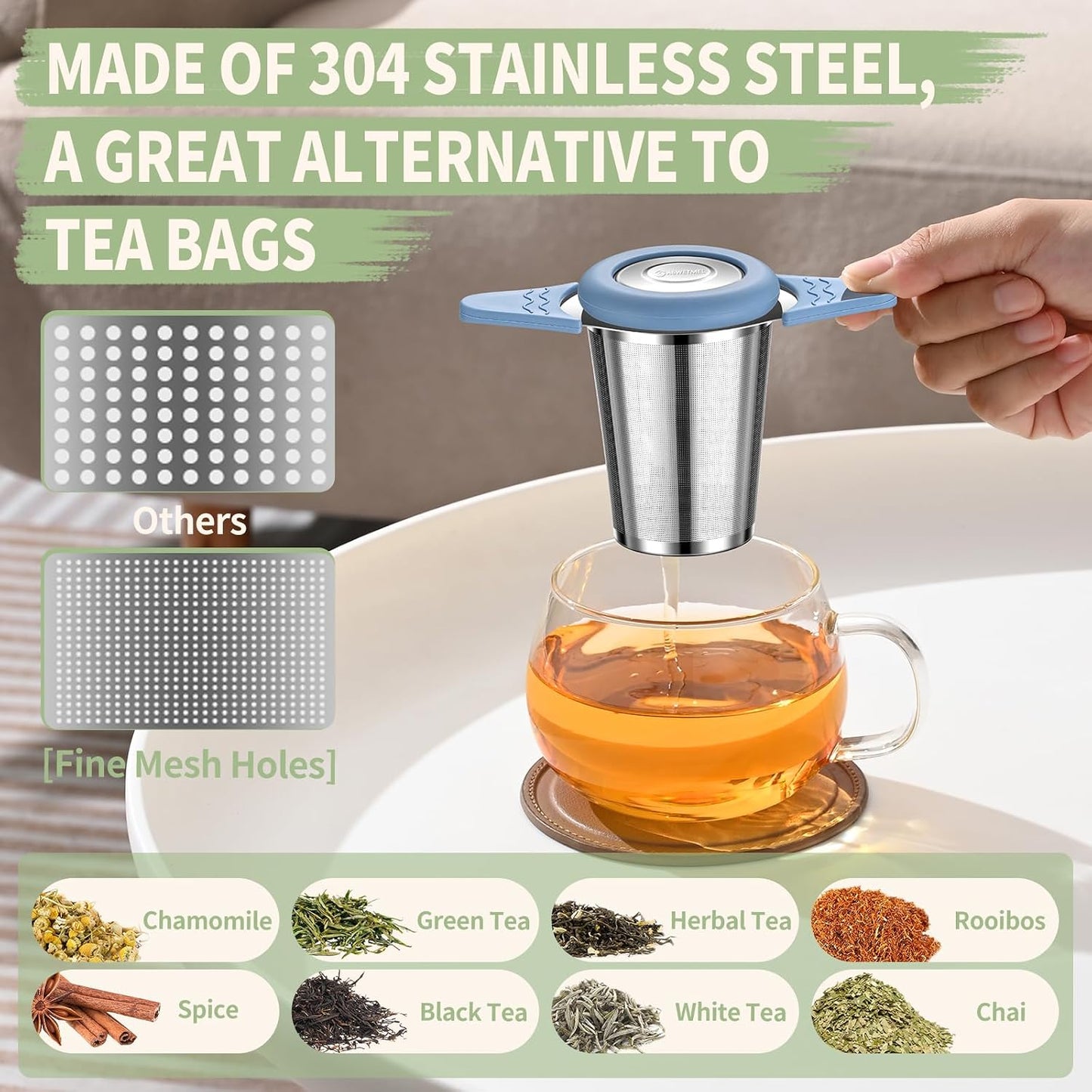 Tea Infuser for Loose Leaf Tea, ASWETMEL Stainless Steel Tea Infuser with Heat Proof Silicone Handles, Extra Fine Mesh Tea Strainers Filter Fine Tea Leaves Effectively, Fits Tea Pots, Mugs, Cup