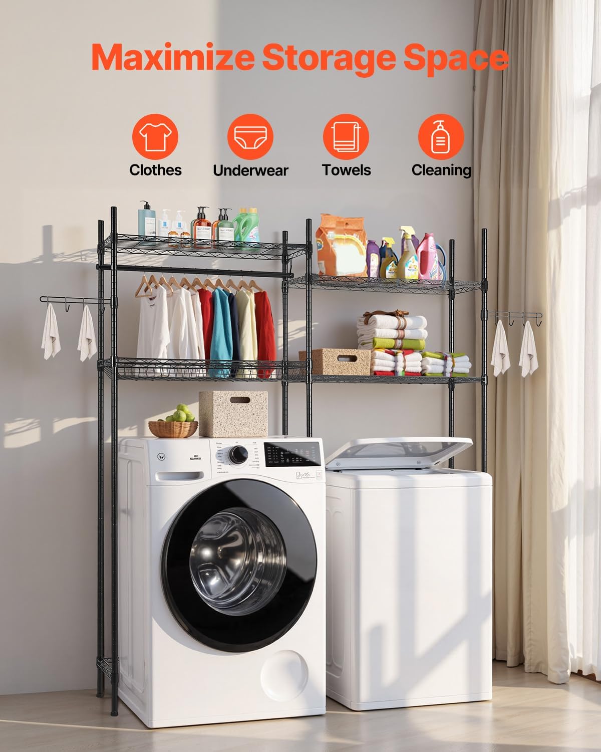 VEVOR Over The Washer and Dryer Storage Shelf, 3 Tier Laundry Room Drying Rack with Hanger Rod and Hooks, Adjustable Over Washer and Dryer Shelves, Laundry Room Shelf Storage Space Saver, White
