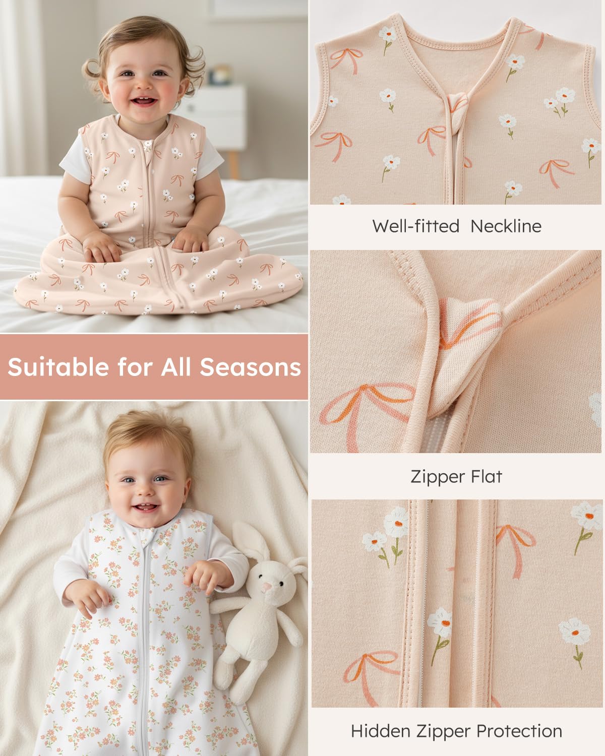 Yoofoss Baby Sleep Sack 0-6 Months Wearable Blanket for Babies 100% Organic Cotton 2-Way Zipper TOG 0.5 Toddler Sleeping Sack 3 Pack, Sleep Sacks