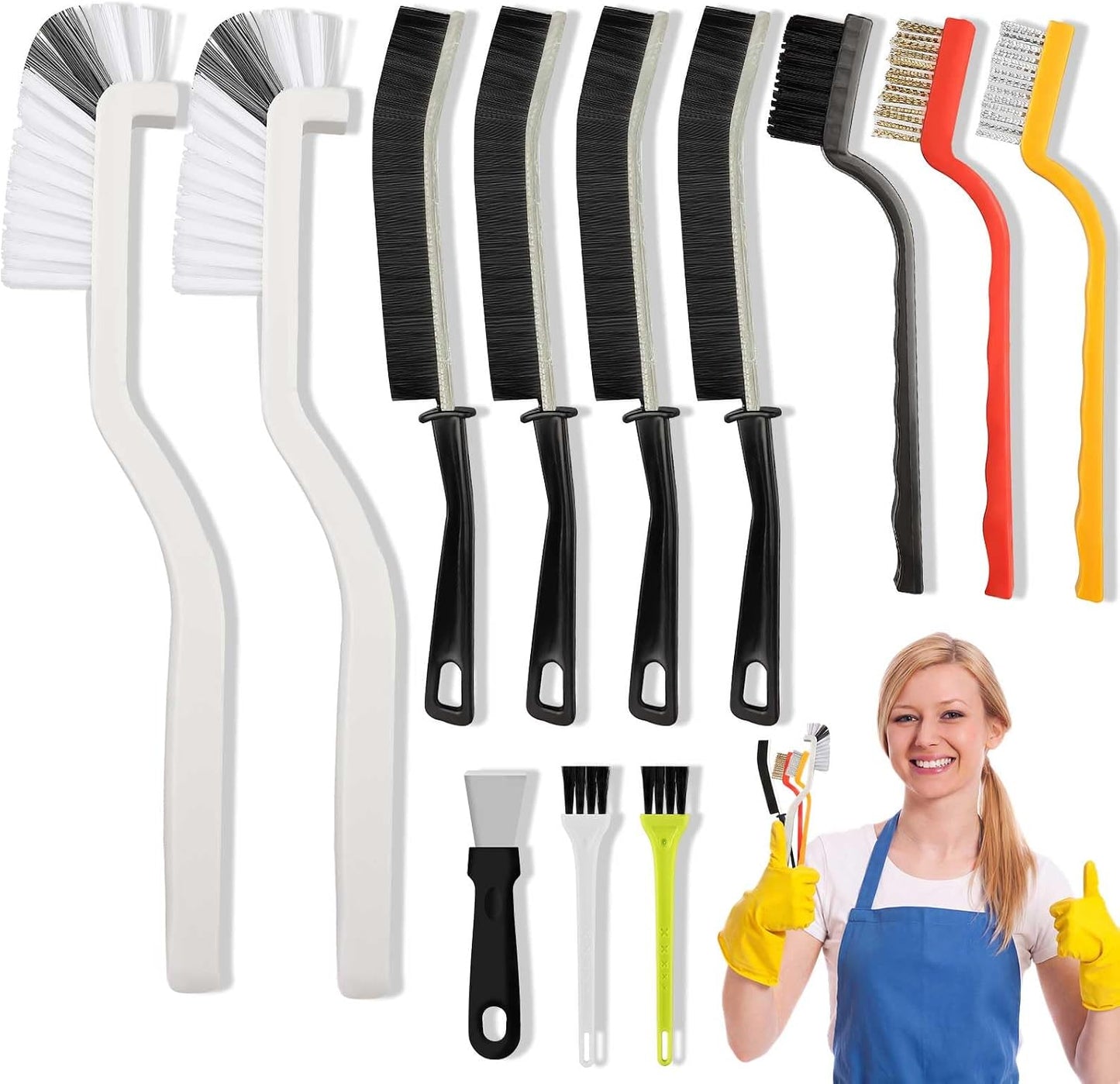 Crevice Cleaning Brush, Hard Bristle Cleaning Tool with Scraper, Grout Brush kit for Bathroom, Kitchen, Sink, Faucet, Window Grooves, Bottles, Blenders, 12Pcs