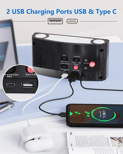 Vibrating Alarm Clock with Bed Shaker for Heavy Sleepers, Beside Clock with Night Light for Bedrooms, 2 USB Chargers,Large LED Display with Dimmer,Snooze 12/24H DST, Battery Backup | Powerful bed shaker with 3 wake modes, large dimmable LED display,