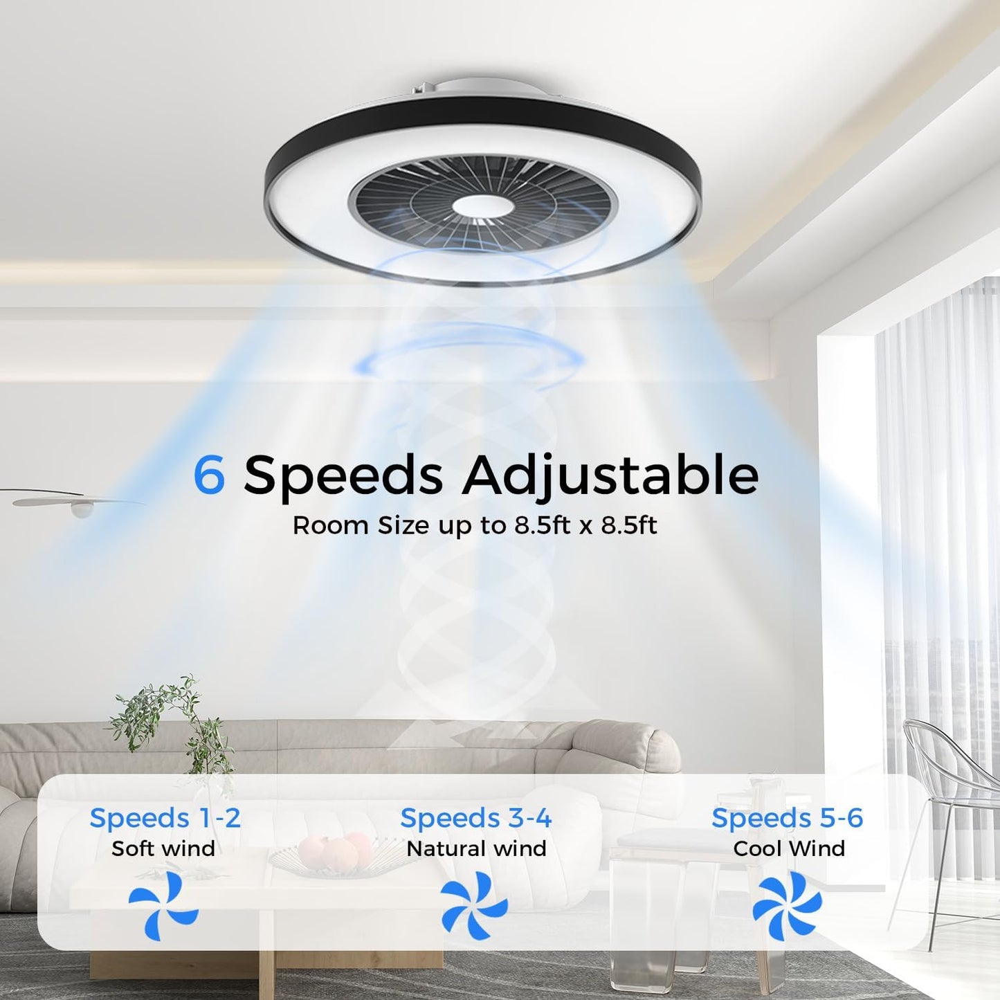 18.9" RGB Flush Mount Ceiling Fan with Light, 6 Speeds 3 Colors | Indoor Ceiling Fan · RGB+3CCT Dimmable · App/Remote Control · Quiet DC · 6-Speed Reversible · Flush Mount 18.9" · Kids Room