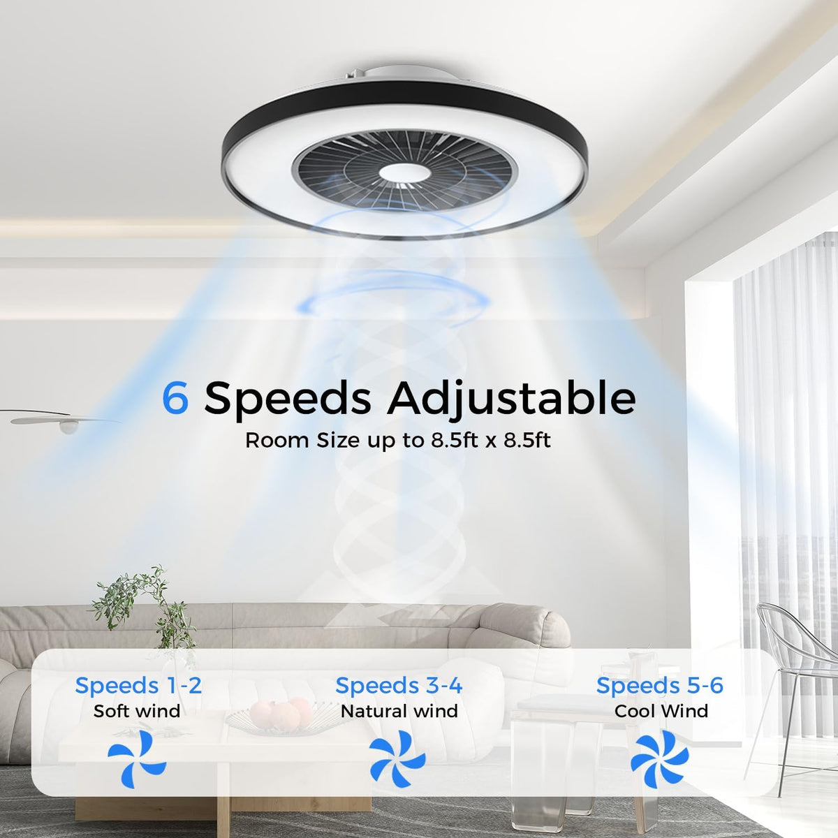 18.9" RGB Flush Mount Ceiling Fan with Light, 6 Speeds 3 Colors, Timer