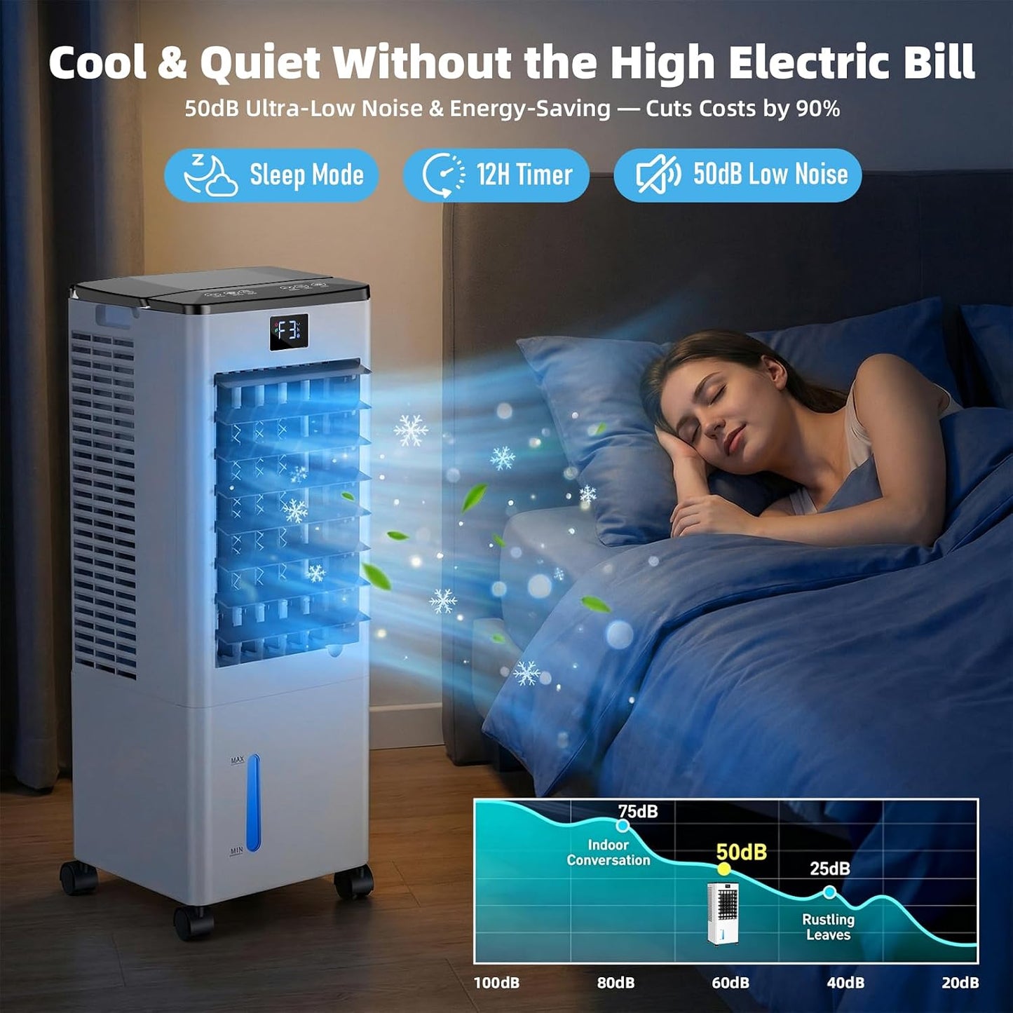 Portable Air Conditioners, Evaporative Air Cooler with Remote & LED Display, 120° Oscillation, 12H Timer, 3 Speeds & 4 Modes, 60W Energy-Efficient, Windowless Swamp Cooler for Bedroom Office Garage