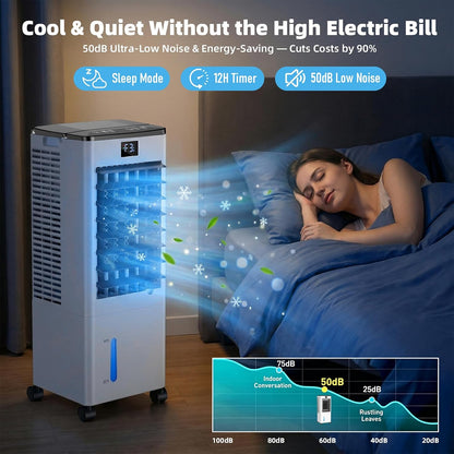 Portable Air Conditioners, Evaporative Air Cooler with Remote & LED Display, 120° Oscillation, 12H Timer, 3 Speeds & 4 Modes, 60W Energy-Efficient, Windowless Swamp Cooler for Bedroom Office Garage