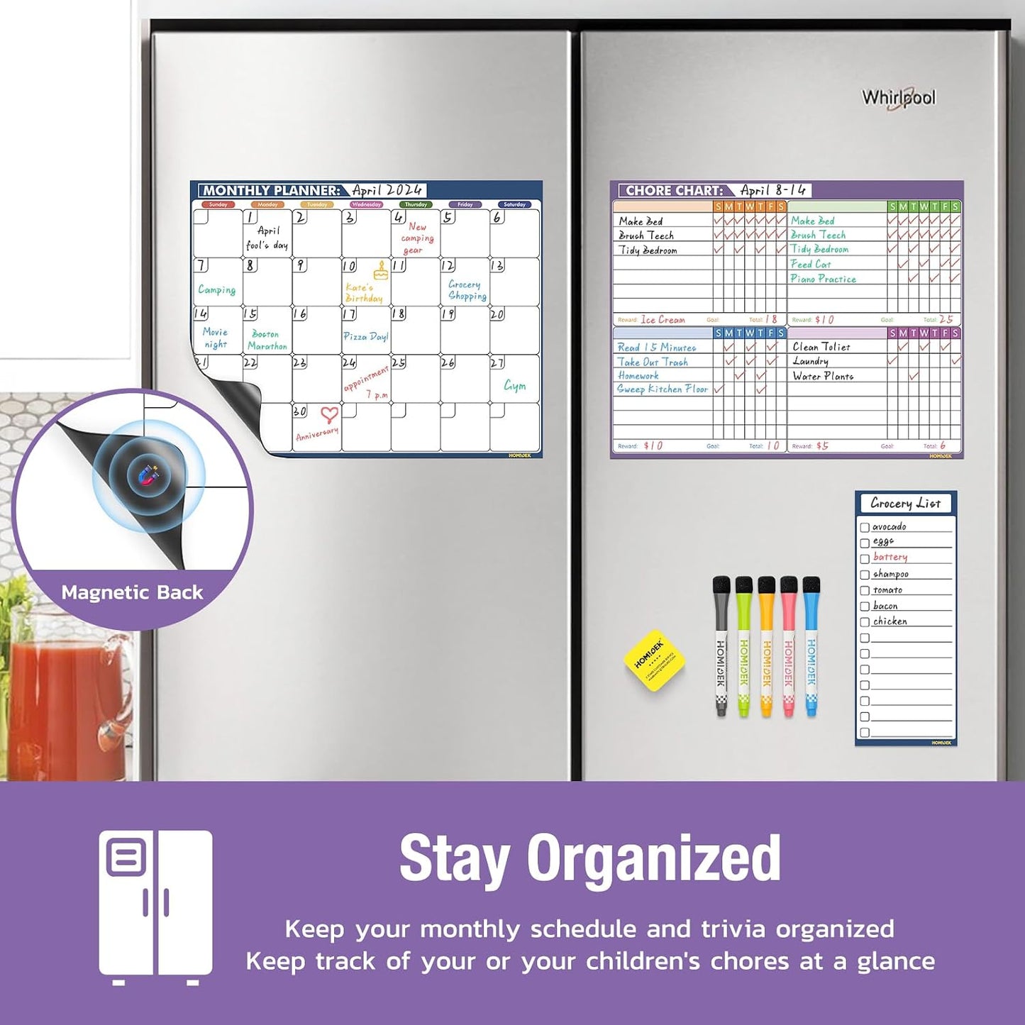Magnetic Fridge Calendar Magnet, Dry Erase Whiteboard Calendar and Family Chore Chart for Adults with Magnetic List, Dry Erase Markers and Eraser - 14 x 11 Inches