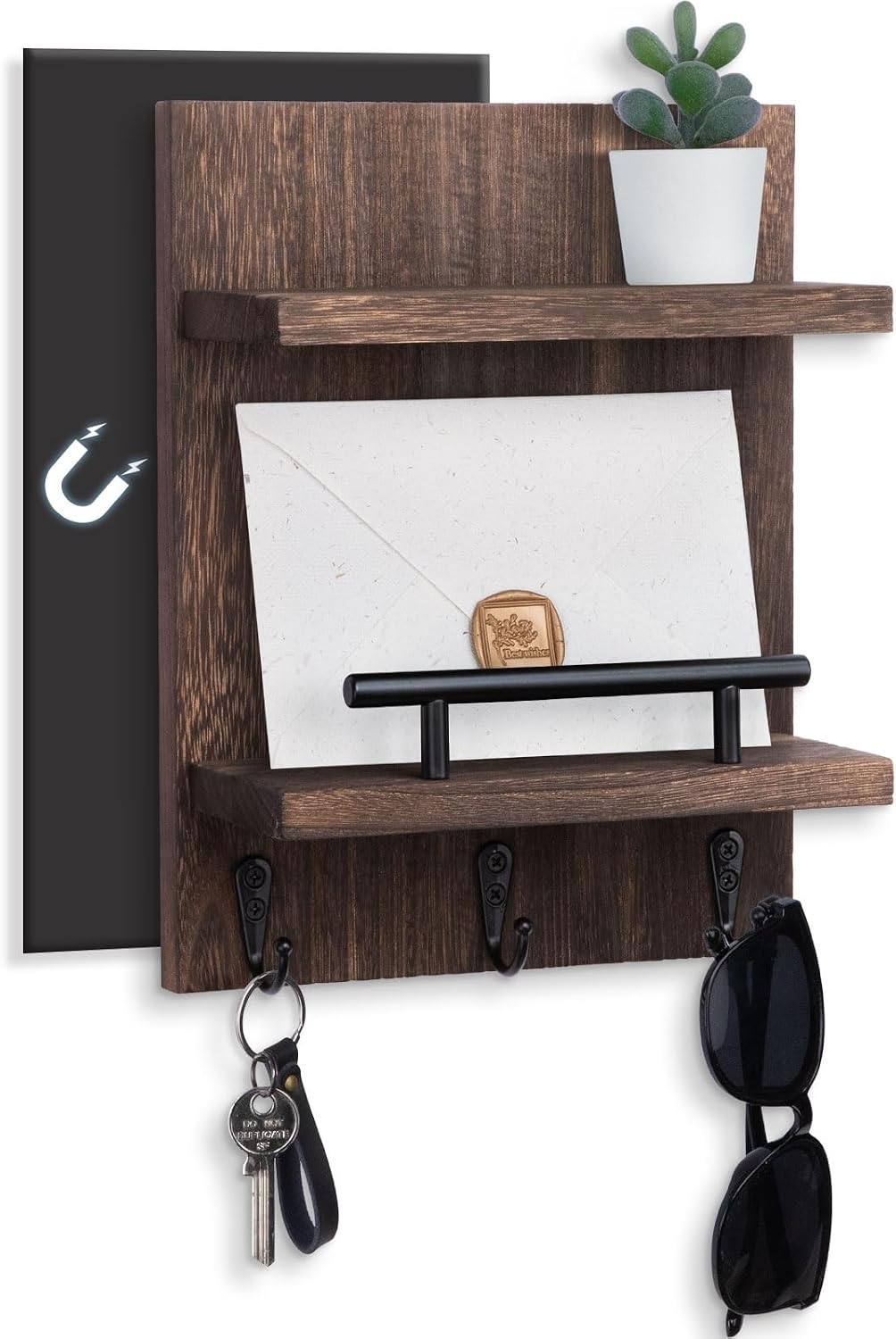 Key Holder Wall Mount, Mail Shelf Decor with 3 Key Hooks, Versatile Wood Wall Organizer for Entryway Hallway (8.2” x 10.6”x 3.6”) (White) | Farmhouse Key Hanger Holds Dog Leash, Sunglasses – Decorative Mail Organizer Home Decor