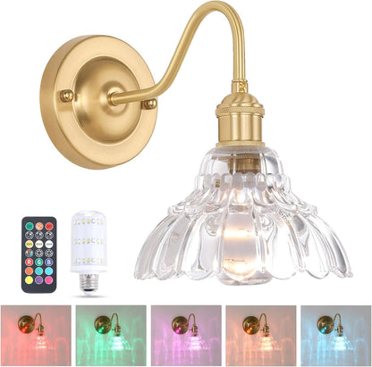 Shenmoyl Battery Operated Wall Sconce Wall Lamp with Green Lily of the Valley Shade Pattern Glass Adjustable Chain Retro Gold Wall Mounted Light, Modern Wall Lamp Fixtures Decor for Bedside Bedroom