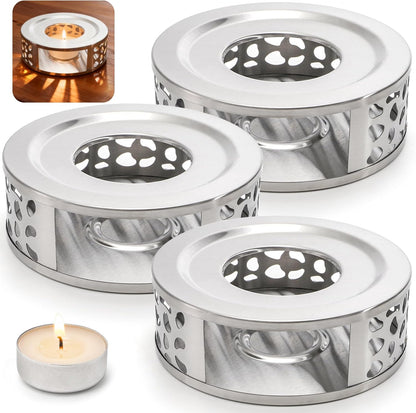Coloch 3 Pack Teapot Warmer, Stainless Steel Tea Warmer with Tealight Candle Holder Brushed Metal Teapot Heater Tea Kettle Warmer Base for Most Teapots, Silver