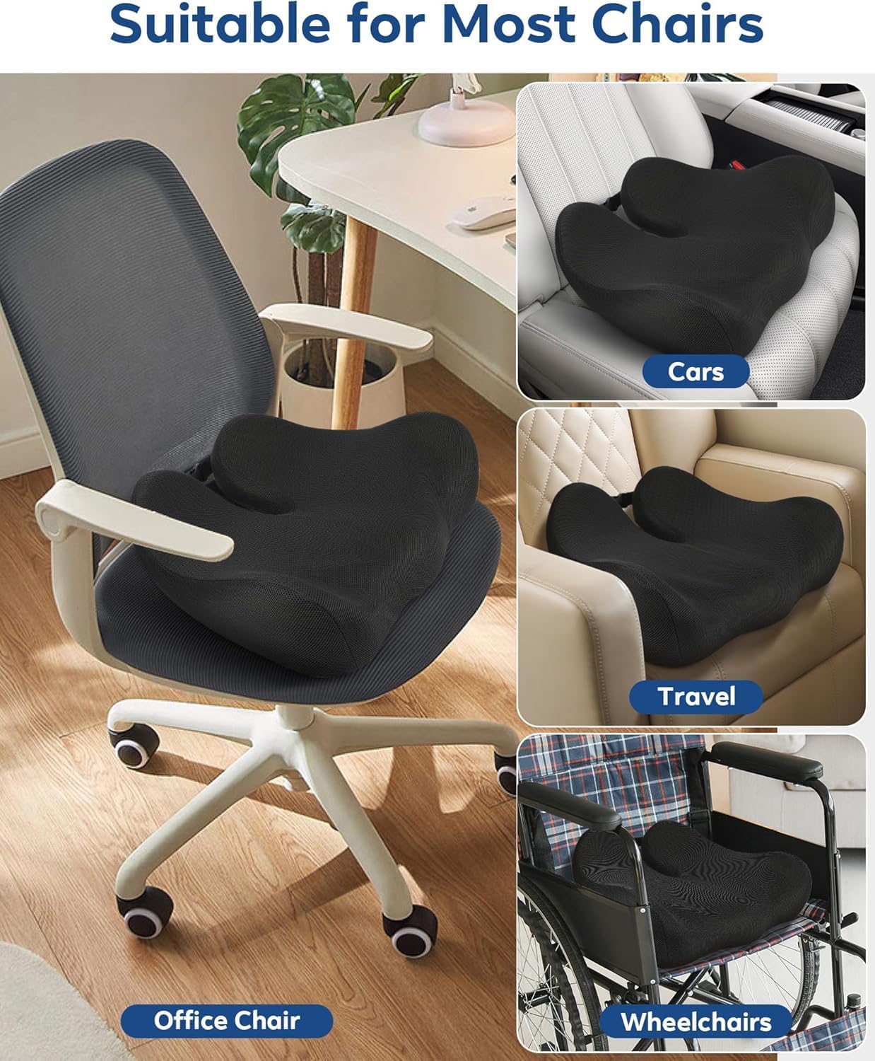 Seat Cushion for Office Chair - Memory Foam Tailbone Cushion | for Desk Chair, Car Seat and Wheelchair - Ergonomic Chair Pad for Hip and Lower Back Comfort - Washable Mesh Cover