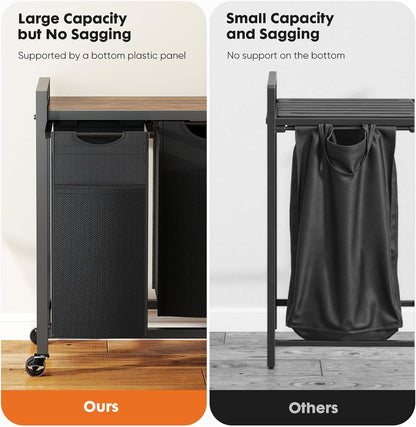 NEWBULIG Laundry Hamper Sorter with Wheels, Rolling Laundry Basket with Shelf & Removable Pull-Out Bag, Dirty Clothes Hamper for Room Organizer, 3 x 10.6 Gal (120L) - Rustic Brown and Black