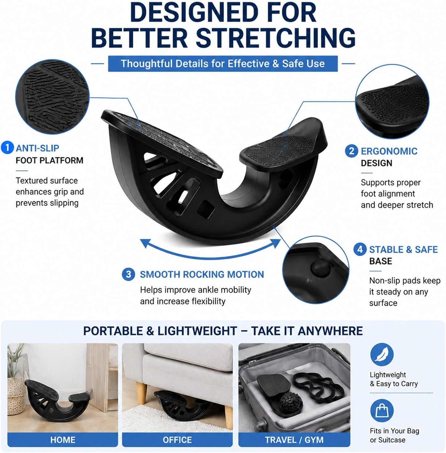 3-in-1 Calf Stretcher & Foot Rocker Kit, Portable Physical Therapy Tool with Leg Stretch Strap & Foot Massage Ball, Relief for Plantar Fasciitis, Achilles Tendonitis, Heel Pain, Yoga, Running