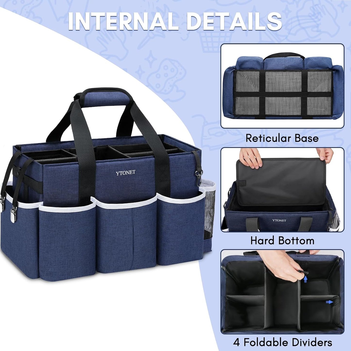 Ytonet Wearable Cleaning Caddy Bag, Large Cleaning Supplies Organizer, Blue | with 4 Foldable Dividers, Shoulder Strap&Waist Strap, Professional Cleaning Bag with Handle for Kitchen Housekeepers Cleaners