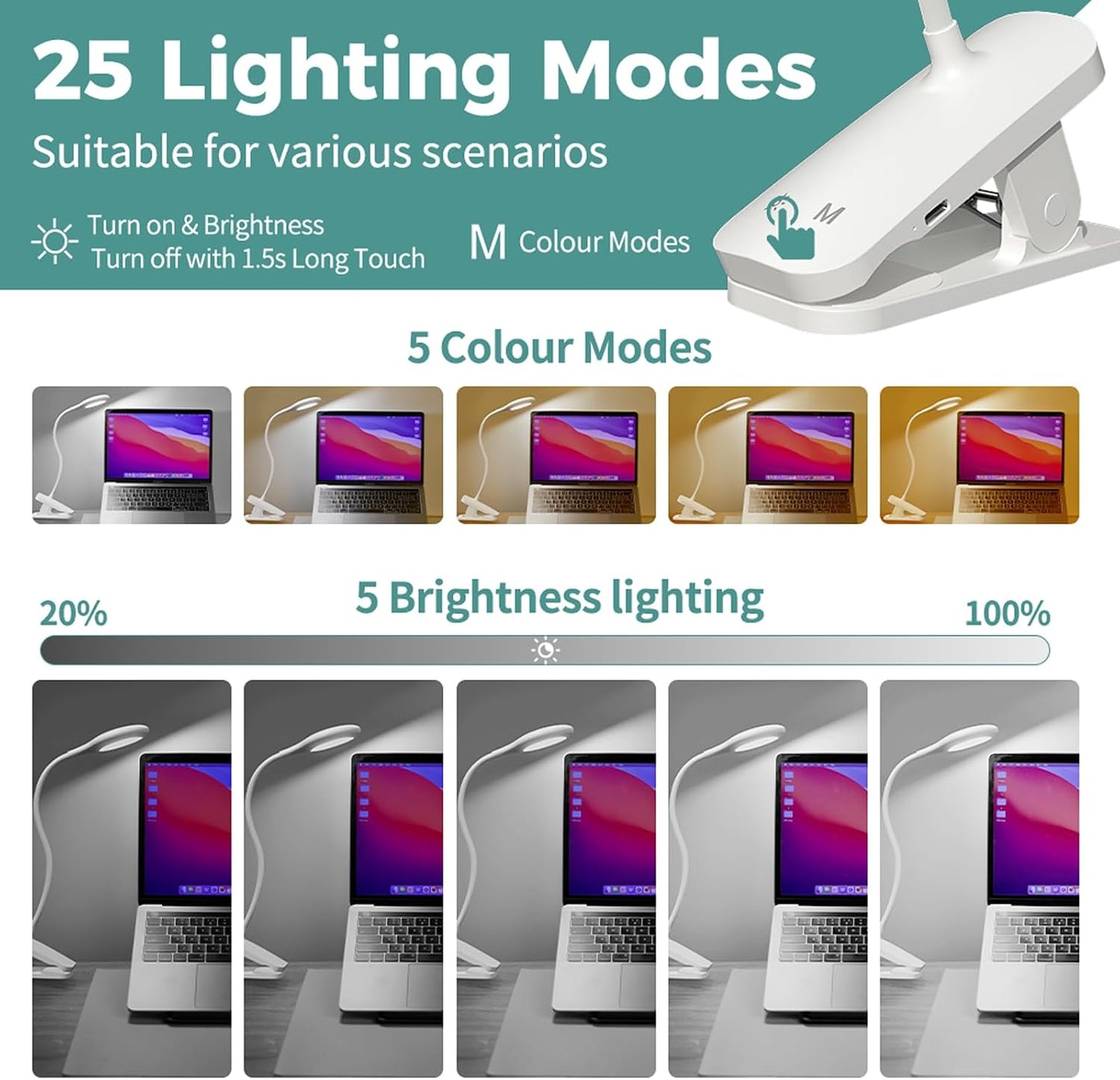 CUHIOY Rechargeable Clip on Reading Light for Bed Headboard, Pink, 1 Pack | Large Clamp Flexible Neck, Battery Desk Lamp, 5 Color 5 Brightness Touch Control, Flicker-Free LED Bedside Night Light