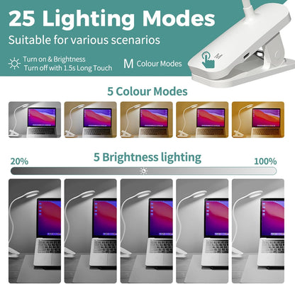 CUHIOY Rechargeable Clip on Reading Light for Bed Headboard, Pink, 1 Pack | Large Clamp Flexible Neck, Battery Desk Lamp, 5 Color 5 Brightness Touch Control, Flicker-Free LED Bedside Night Light