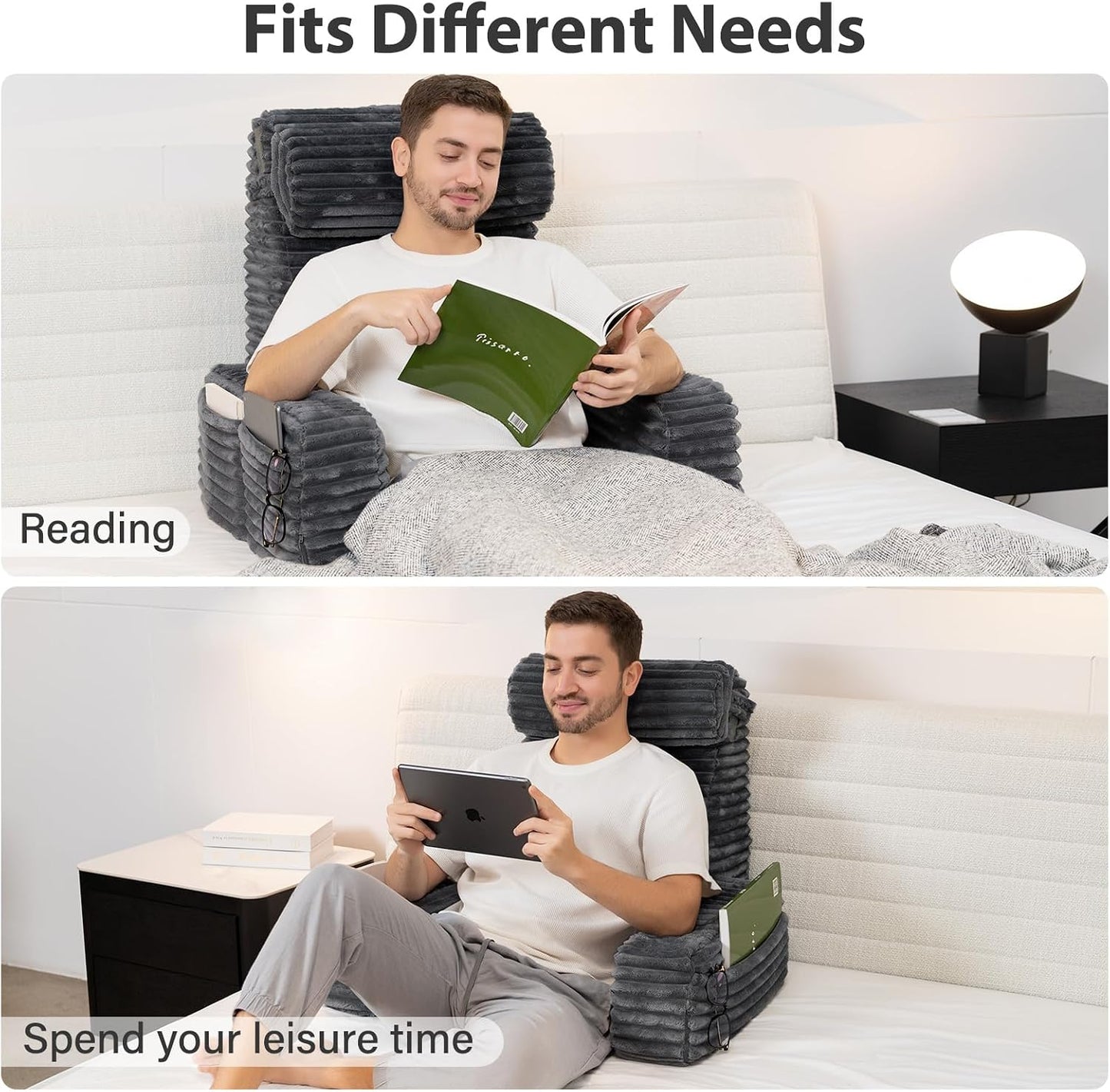 ENITYA 22" XL Back Pillow for Bed Sitting Up with Armrests & Big Pockets | Reading Pillow for Bed, Soft Back Support Chair, Ideal for Watching TV, Gaming, Nursing, Resting, Post Surgery, Dark Grey