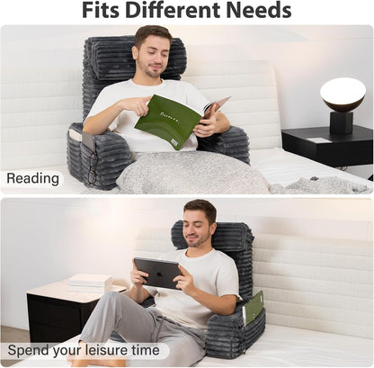 ENITYA 22" XL Back Pillow for Bed Sitting Up with Armrests & Big Pockets | Reading Pillow for Bed, Soft Back Support Chair, Ideal for Watching TV, Gaming, Nursing, Resting, Post Surgery, Dark Grey