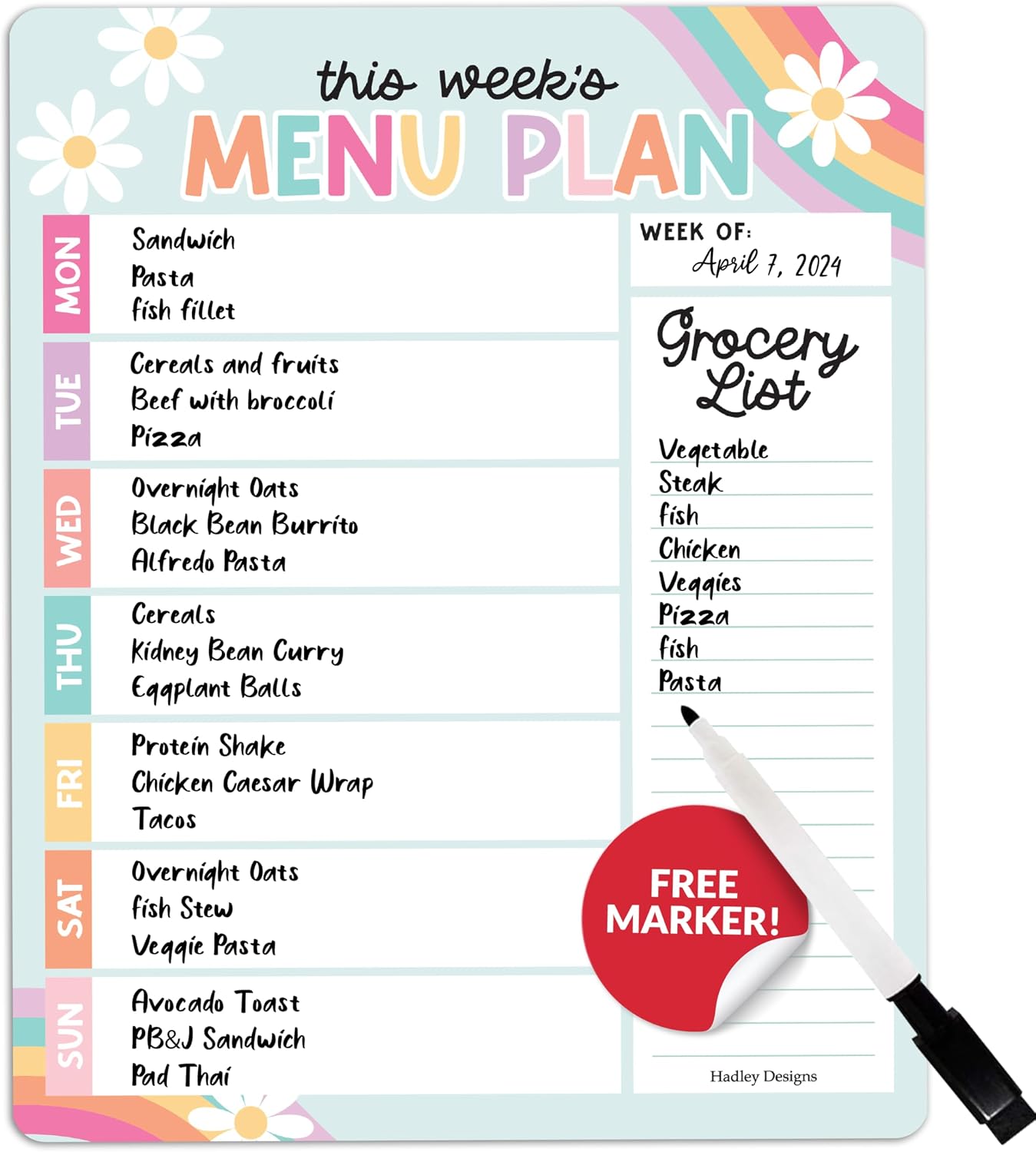 Hadley Designs Weekly Meal Planner for Fridge - Dinner Menu Board for Kitchen, Colorful Weekly Menu Board Dry Erase, Dry Erase Meal Planner for Fridge