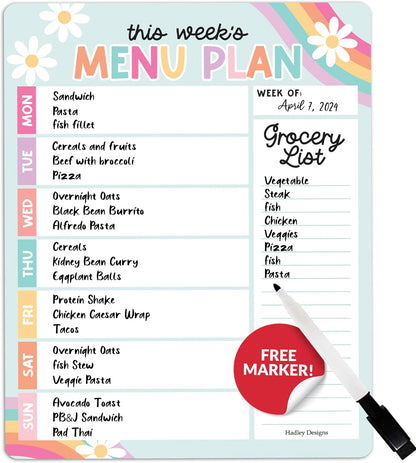 Hadley Designs Weekly Meal Planner for Fridge - Dinner Menu Board for Kitchen, Colorful Weekly Menu Board Dry Erase, Dry Erase Meal Planner for Fridge