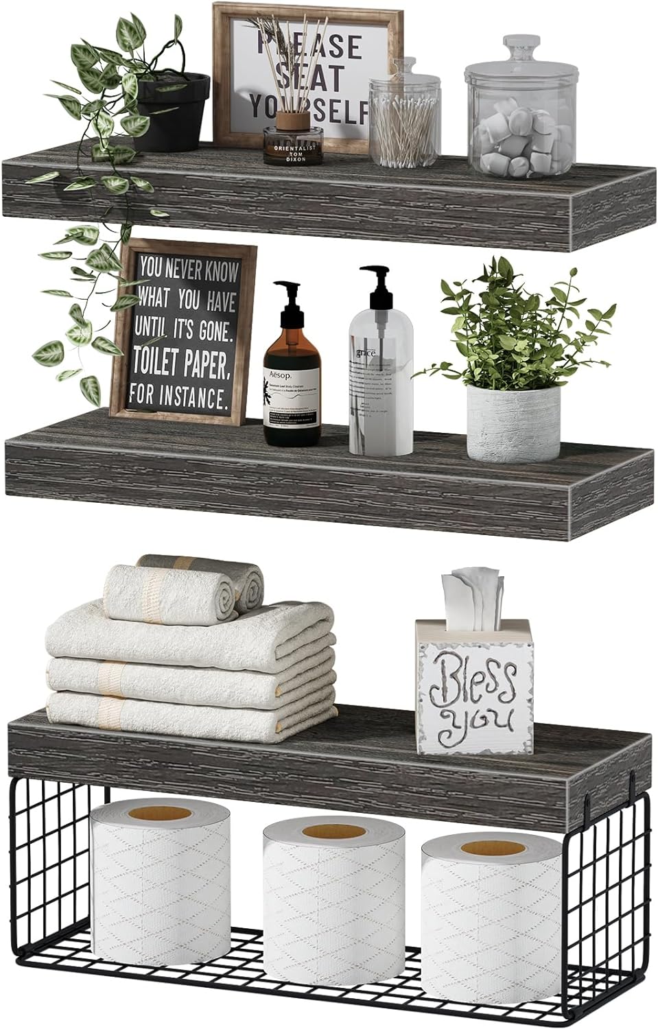 QEEIG Bathroom Shelves Over Toilet - Wall Mounted Floating Shelves Toilet Paper Storage Small Farmhouse Decor Shelf 16 inch Set of 3, Rustic Brown (019-BN3)