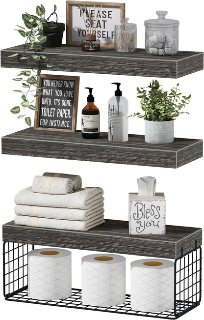 QEEIG Bathroom Shelves Over Toilet - Wall Mounted Floating Shelves Toilet Paper Storage Small Farmhouse Decor Shelf 16 inch Set of 3, Rustic Brown (019-BN3)