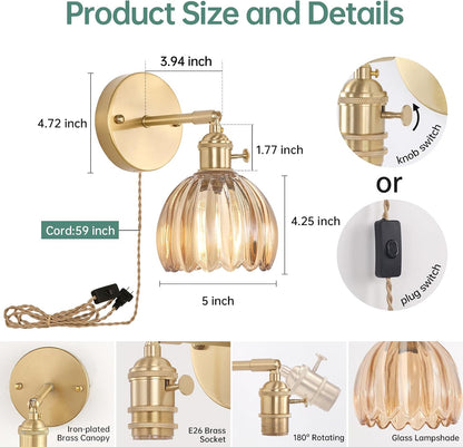 Shenmoyl Vintage Battery Operated Wall Sconce with Green Tulip Glass Lampshade Rechargeable Battery Powered Wall Light with Remote Control for Bedside Bedroom Doorway